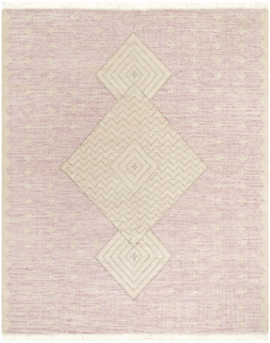 Close-up of the Sang Area Rug. Hand-woven rug in dark pink, dusty pink, and tan with diamond pattern. Farmhouse style. Design-Rectangle-810