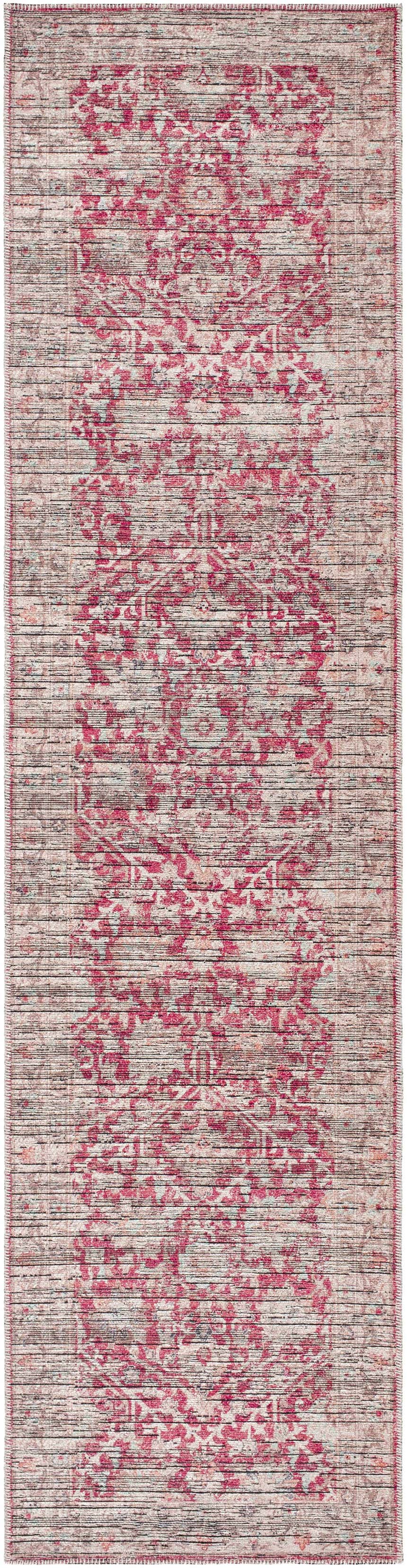 Close-up of the Cathy Area Rug in garnet and light gray. Traditional floral pattern, machine woven polyester rug. Design-Runner