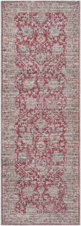 Close-up of the Cathy Area Rug in Garnet. Features a traditional, distressed floral pattern on a beige background. Design-Runner-2573