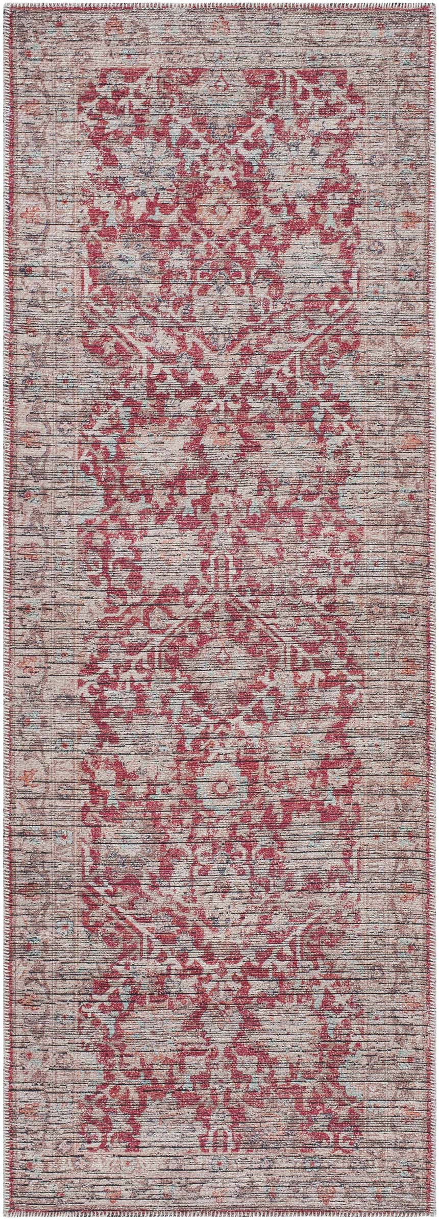 Close-up of the Cathy Area Rug in Garnet. Features a traditional, distressed floral pattern on a beige background. Design-Runner-2573