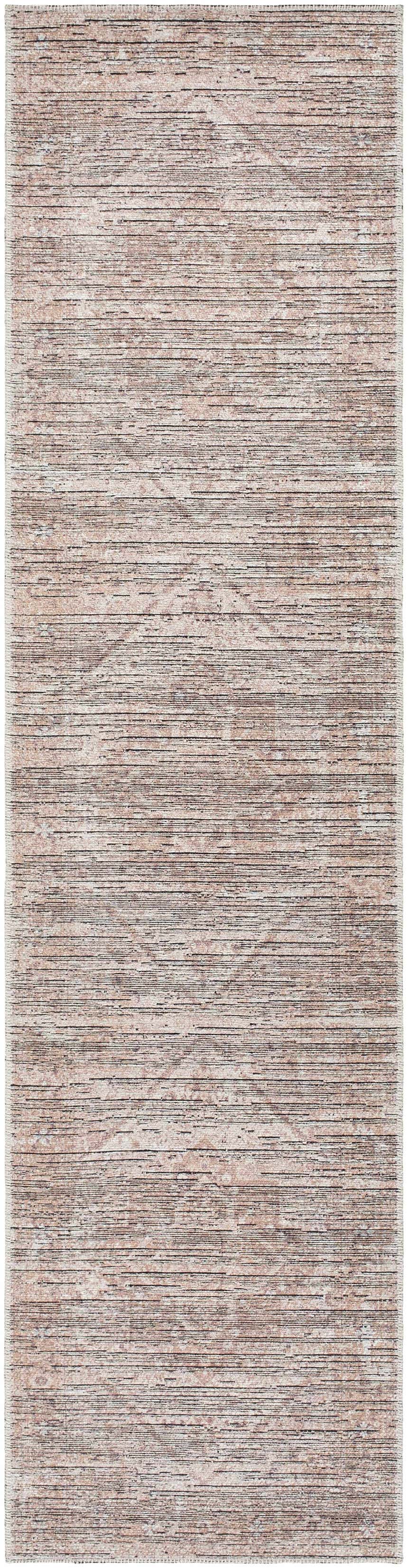 Close-up of the Elisa Area Rug. Farmhouse style rug in taupe, lambswool, and black with a subtle horizontal pattern. Design-Runner