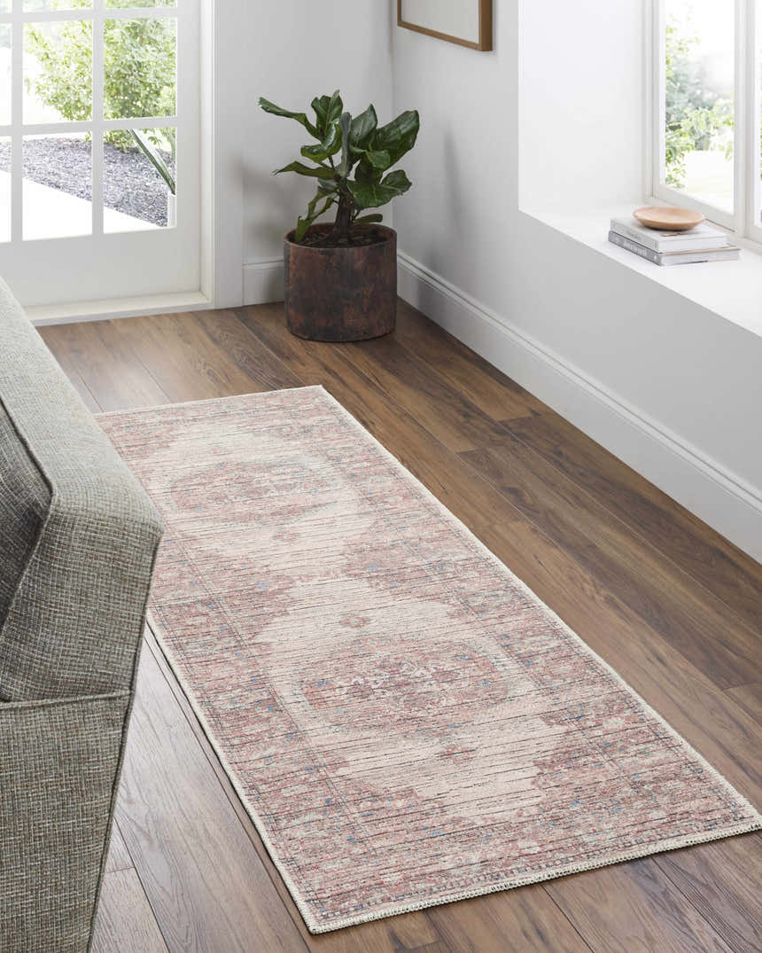 Entryway with Maja Area Rug runner in beachhouse tones, light gray walls, wood floors, and natural light. Roomscene-Runner