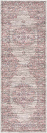 Close-up of Maja Area Rug in beachhouse color. Farmhouse style rug with traditional pattern in red, brown, and blue hues. Design-Runner-2573