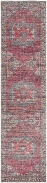 Close-up of the Saif Area Rug, a traditional runner rug in shades of burgundy, blue, and lambswool. Machine woven polyester. Design-Runner