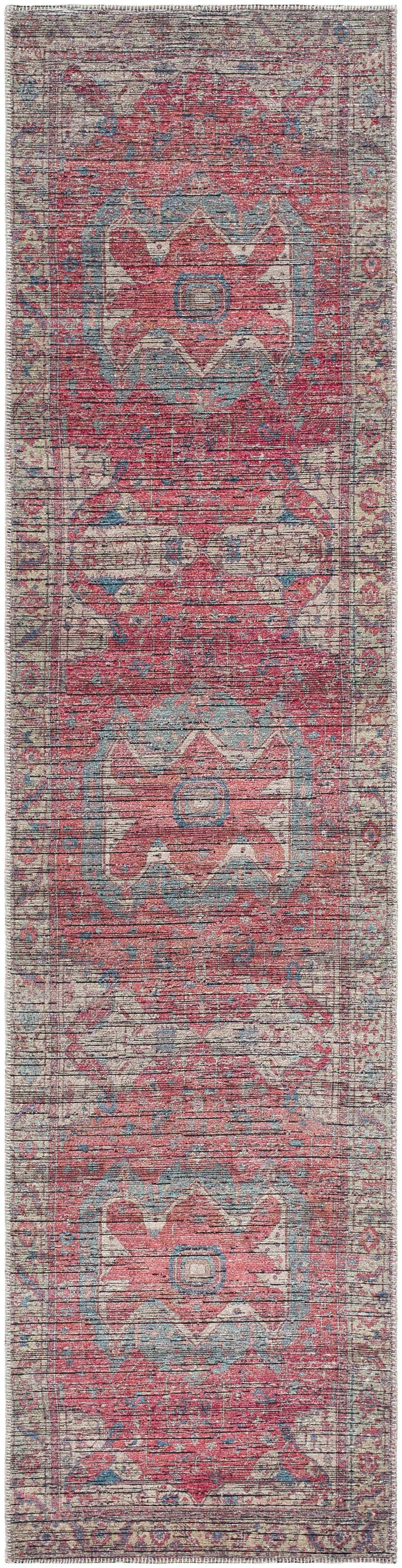 Close-up of the Saif Area Rug, a traditional runner rug in shades of burgundy, blue, and lambswool. Machine woven polyester. Design-Runner