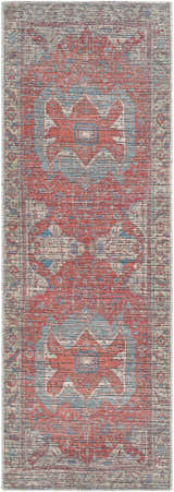 Close-up of the Saif Area Rug featuring a traditional design in aqua, blue, burgundy, and terracotta hues. Design-Runner-2573