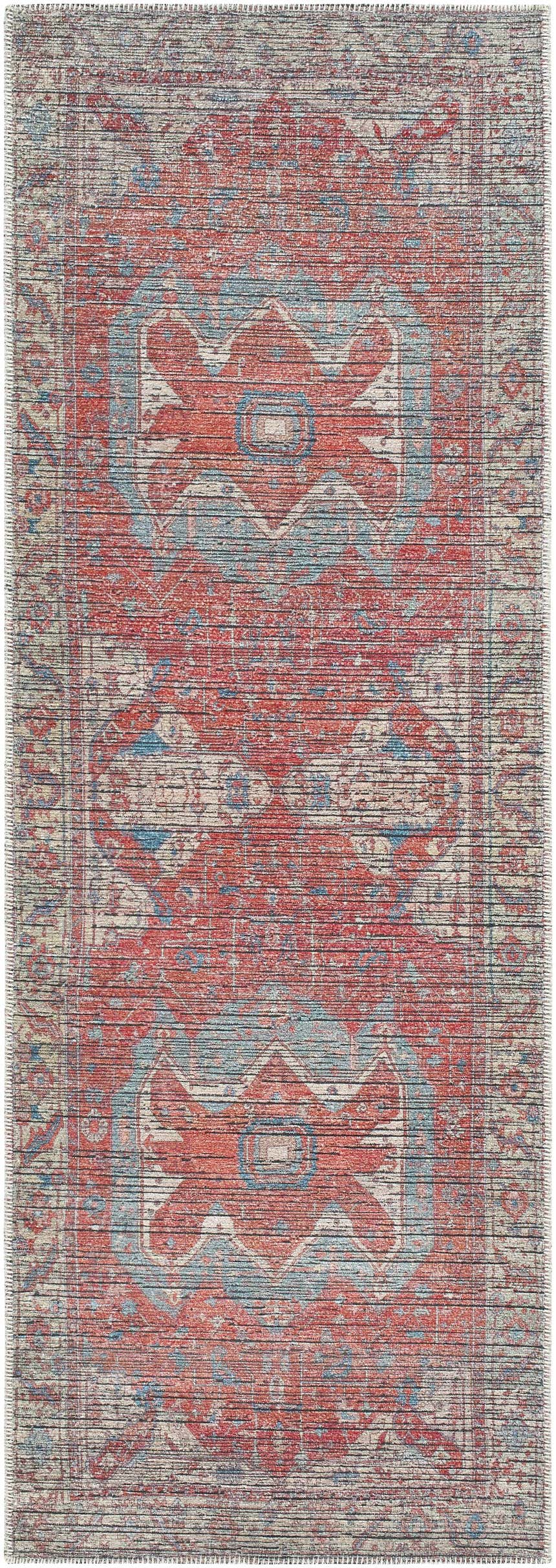 Close-up of the Saif Area Rug featuring a traditional design in aqua, blue, burgundy, and terracotta hues. Design-Runner-2573