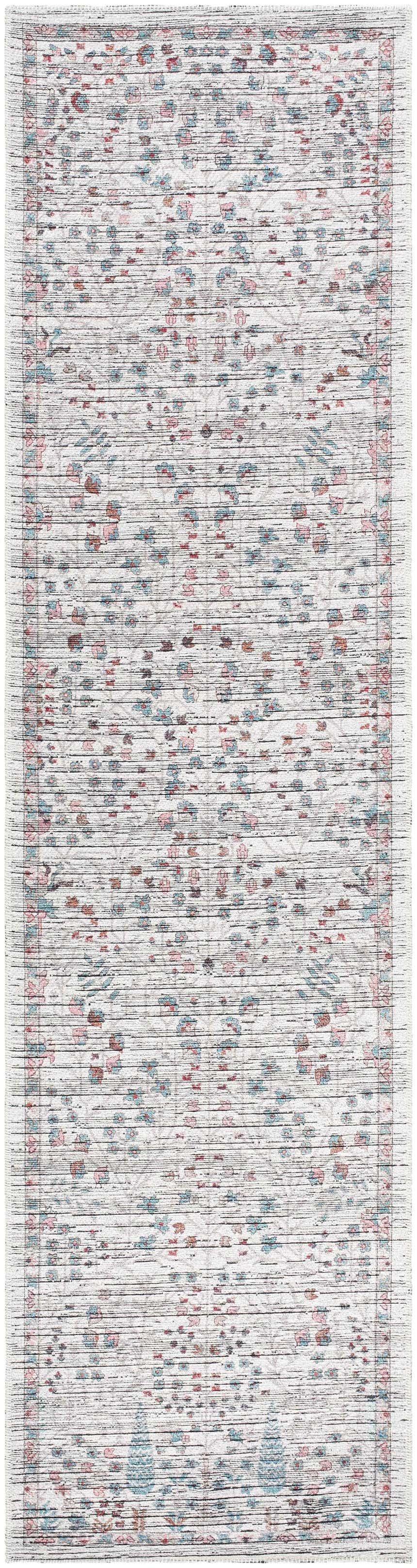 Close-up of the Vulk Area Rug. Machine-woven polyester rug with aqua, burgundy, and light gray floral pattern on a taupe background. Design-Runner-2510