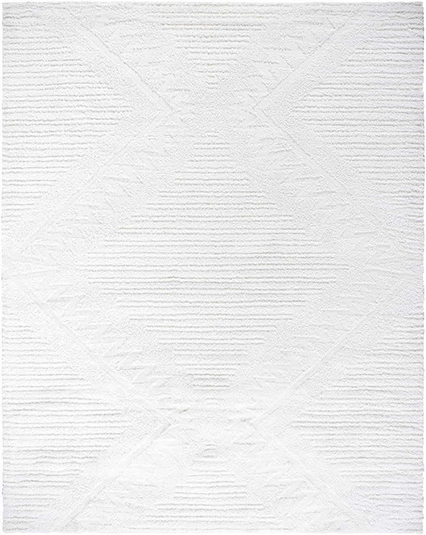 Close-up of the textured Edsel Off-White Area Rug. The rug has a subtle geometric pattern and a soft, shag-like pile. Design-Rectangle-71010