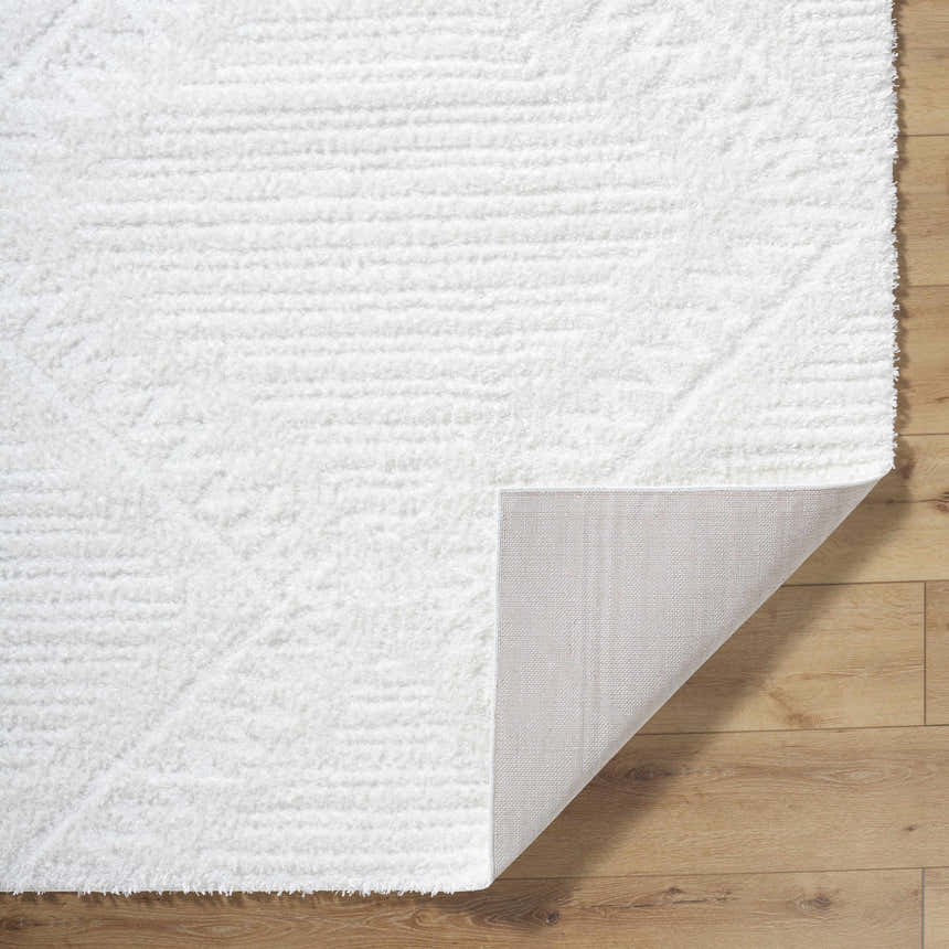 Close-up of the off-white Edsel shag rug showing its plush texture and backing on a wood floor. Fold