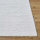 Close-up of the off-white Edsel Area Rug showing its shag texture and subtle geometric pattern on a wood floor. Front