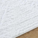 Close up of the plush texture of the Edsel Off-White Area Rug on hardwood floor. Texture