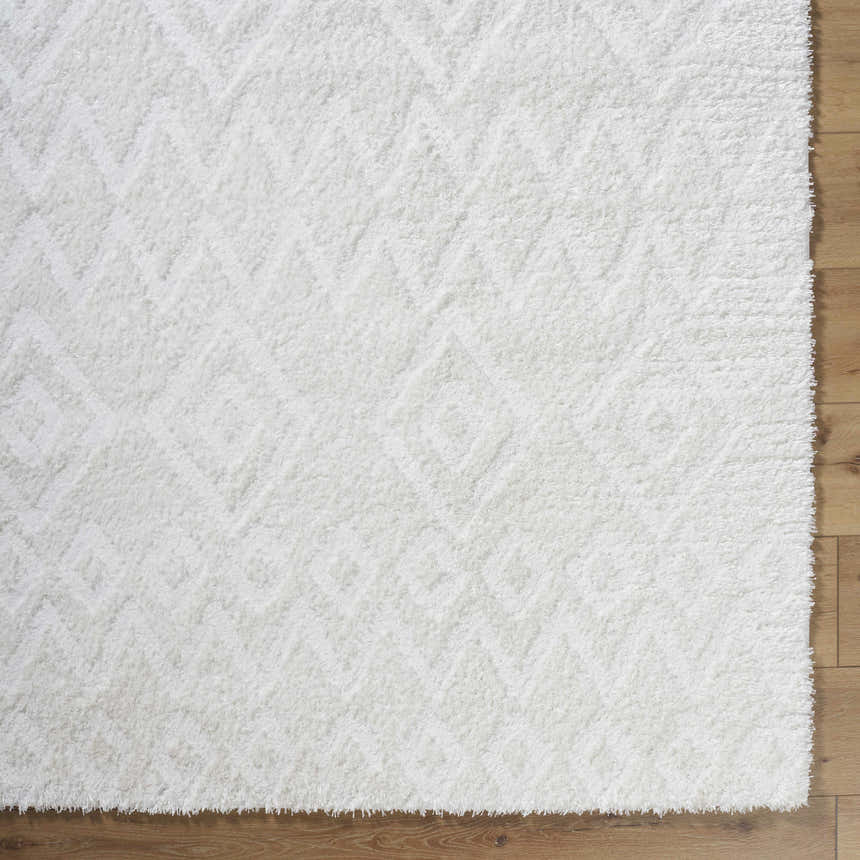 Close-up of the Hoshi Area Rug in beachhouse white, showing the shag texture and subtle geometric pattern. Corner