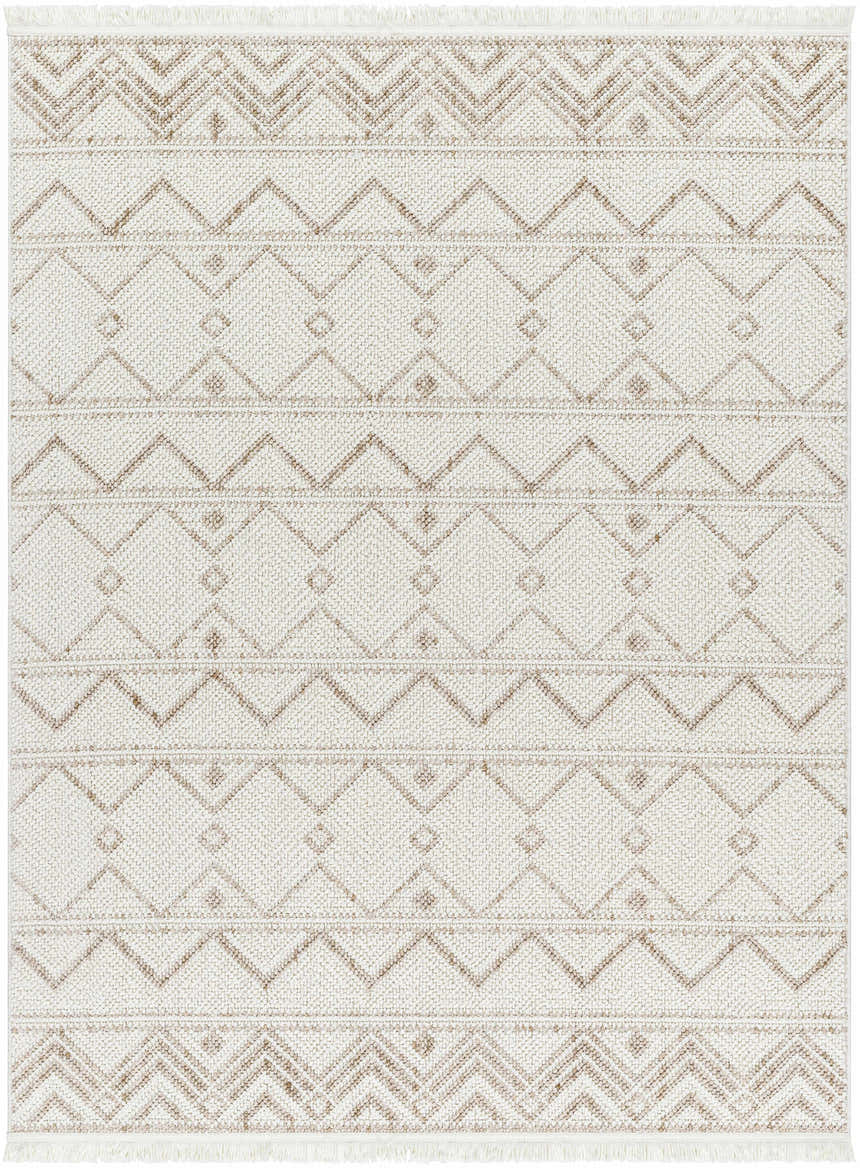Close-up of the Armen Area Rug. Beige and cream rug with a geometric, diamond pattern and fringe. Farmhouse style. Design-Rectangle-527