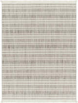 Close-up of the Avari Area Rug. Beige and brown stripes with a subtle pattern and fringe detail. Design-Rectangle-527