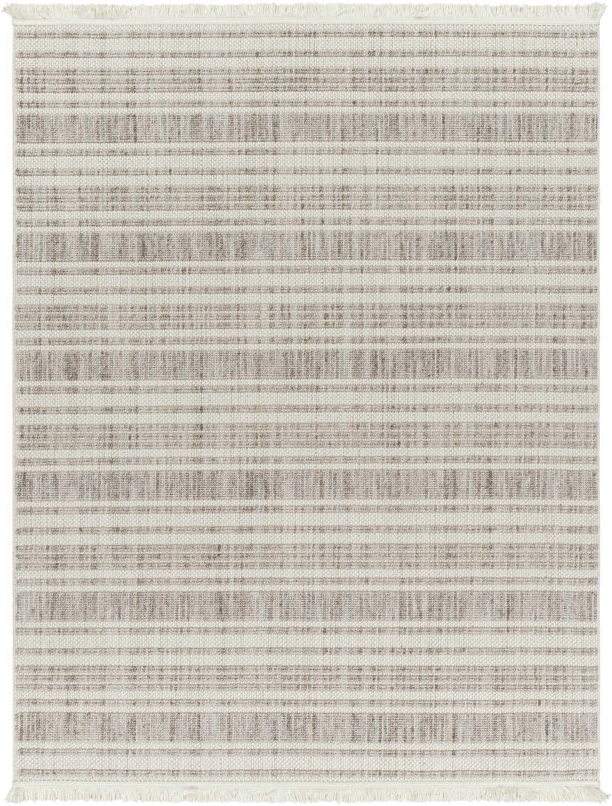 Close-up of the Avari Area Rug. Beige and brown stripes with a subtle pattern and fringe detail. Design-Rectangle-527