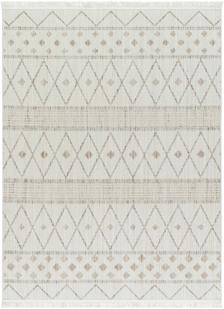 Close-up of the Finch Area Rug in beige, gray, and brown, featuring a diamond and geometric pattern with fringe. Design-Rectangle-527