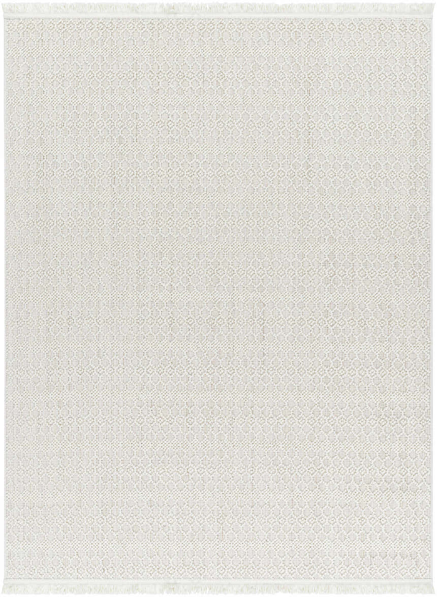 Close-up of the Hamal Area Rug, a machine-woven rectangle with a subtle geometric pattern in cream, gray, and tan hues. Design-Rectangle-527