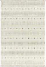 Close-up of the Hideo Area Rug, featuring a beige and gray geometric pattern with fringe. Farmhouse style. Design-Rectangle-527