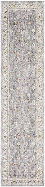 Close-up of the Sosi Area Carpet in dark beige, garnet, gray, and taupe. Farmhouse style, machine woven polyester rug. Design-Runner-239