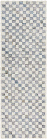 Close-up of the Halen Gray Checkered Area Rug. Hand-tufted wool rug with a gray, brown, and natural checkered pattern. Design-Runner-268