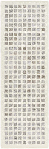 Close-up of the hand-tufted Harib Area Rug. Beige wool rug with a geometric grid pattern in cloud gray and medium brown. Design-Runner-268