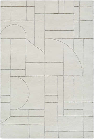 Close-up of the Fusao Off White Area Rug, a hand-tufted wool rug with a light silver geometric pattern. Design-Rectangle-576