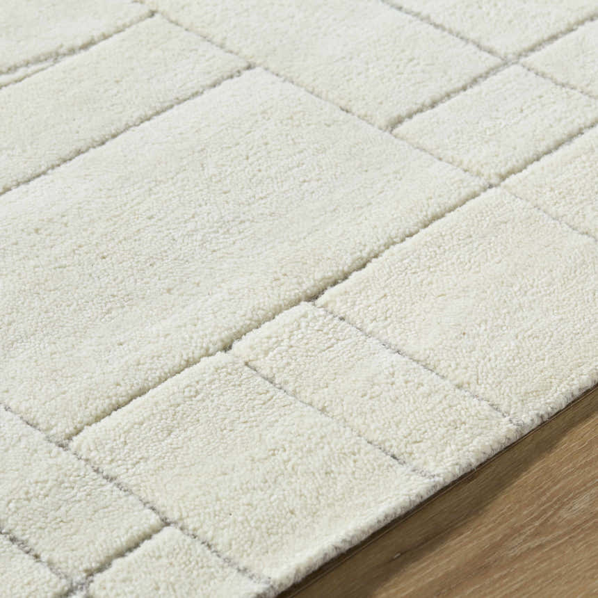 Close-up of the Fusao Off White Area Rug showing its textured wool and geometric, light silver pattern. Texture