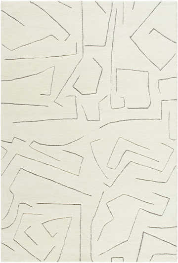Close-up of the Mony Charcoal Area Rug. Off-white wool rug with a contemporary charcoal geometric line pattern. Hand-tufted texture. Design-Rectangle-576