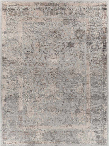Close-up of the Speaks Traditional Textured Luxe Rug, featuring charcoal, gray, and taupe tones with a vintage-inspired design. Design-Rectangle