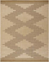 Close-up of a Colum Flatweave Faux Jute Rug. Contemporary style rug with a geometric pattern in beige and brown tones. Design-Rectangle-71010