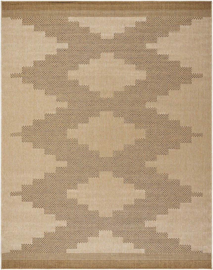 Close-up of a Colum Flatweave Faux Jute Rug. Contemporary style rug with a geometric pattern in beige and brown tones. Design-Rectangle-71010