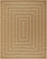 Close-up of a rectangular Dyami Flatweave Faux Jute Rug. The rug has a concentric square pattern in camel and light brown. Design-Rectangle-71010