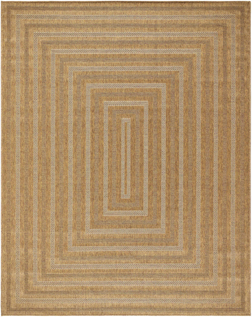 Close-up of a rectangular Dyami Flatweave Faux Jute Rug. The rug has a concentric square pattern in camel and light brown. Design-Rectangle-71010