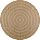 Close-up of the round Dyami Flatweave Faux Jute Rug, featuring concentric circles in camel and light brown tones. Design-Round