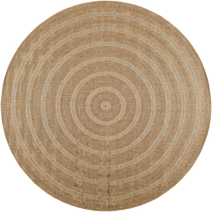 Close-up of the round Dyami Flatweave Faux Jute Rug, featuring concentric circles in camel and light brown tones. Design-Round