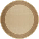 Close-up of a round Inigo Flatweave Faux Jute Rug. Features a dark beige center and a dark brown border. Design-Round