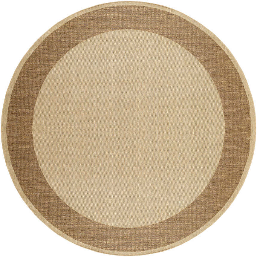 Close-up of a round Inigo Flatweave Faux Jute Rug. Features a dark beige center and a dark brown border. Design-Round