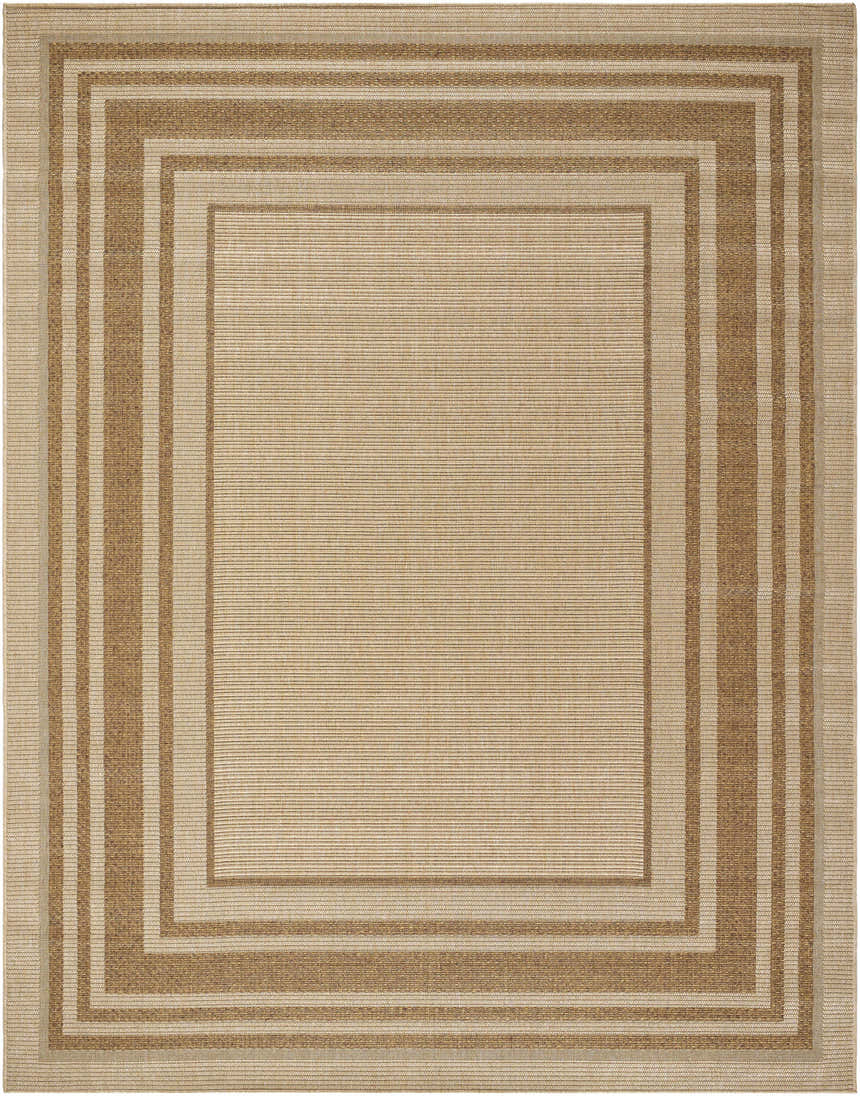 Close-up of the Isoko Bordered Faux Jute Rug. Features a camel color and a simple, contemporary bordered design. Design-Rectangle-71010