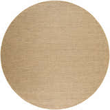 Close-up of a round Zeta Flatweave Faux Jute Rug. The rug has a woven texture in dark beige, tan, and brown tones. Design-Round