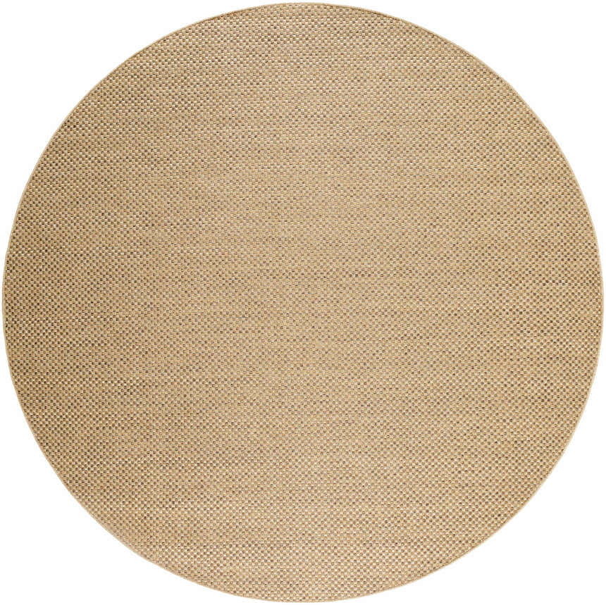 Close-up of a round Zeta Flatweave Faux Jute Rug. The rug has a woven texture in dark beige, tan, and brown tones. Design-Round