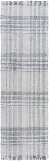 Close-up of the Inara Gray Plaid Area Rug, a hand-woven rug with a farmhouse style in shades of light and dark gray. Design-Runner-268