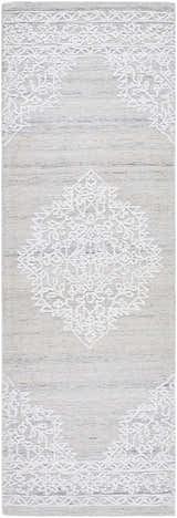 Close-up of the hand-tufted Denae Cream Area Rug. Farmhouse style with gray and silver floral medallion pattern. Design-Runner-268