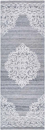Close-up of Denae Blue Area Rug. Gray rug with white traditional diamond and floral pattern. Hand-tufted texture. Design-Runner-268
