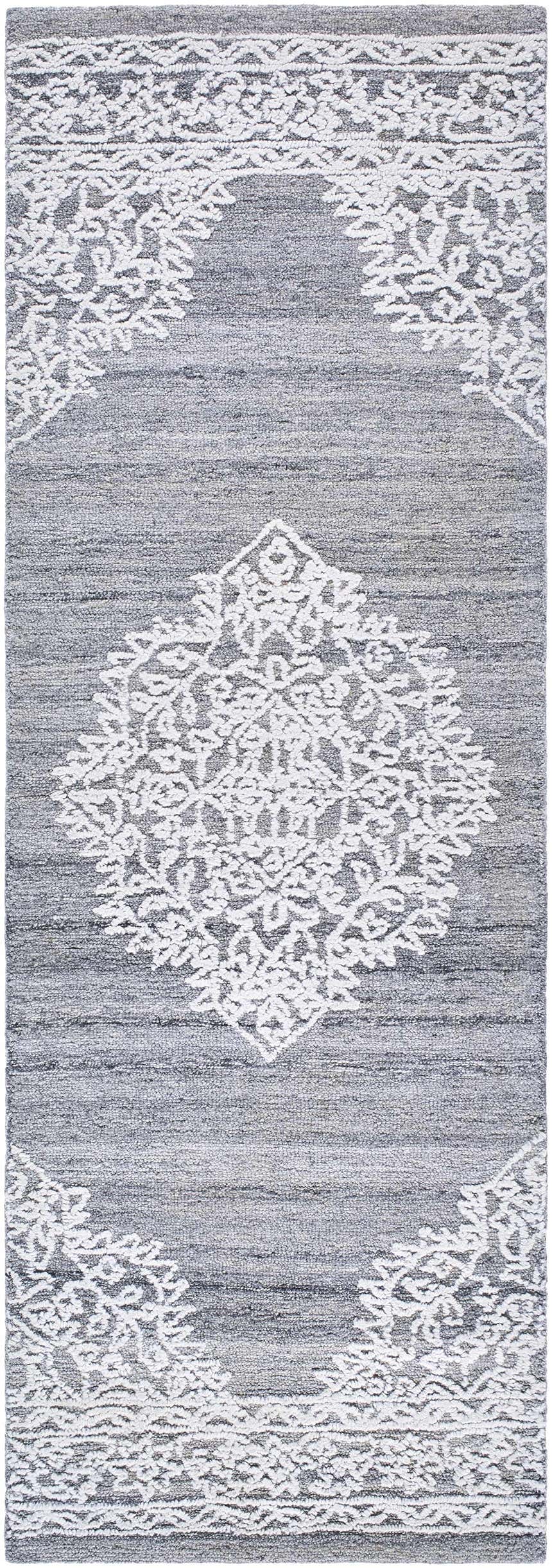 Close-up of Denae Blue Area Rug. Gray rug with white traditional diamond and floral pattern. Hand-tufted texture. Design-Runner-268