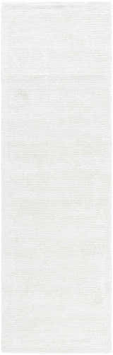 Close-up of the Nazih Area Rug. Light silver and off-white rug with a subtle horizontal pattern. Hand-tufted viscose texture. Design-Runner-310