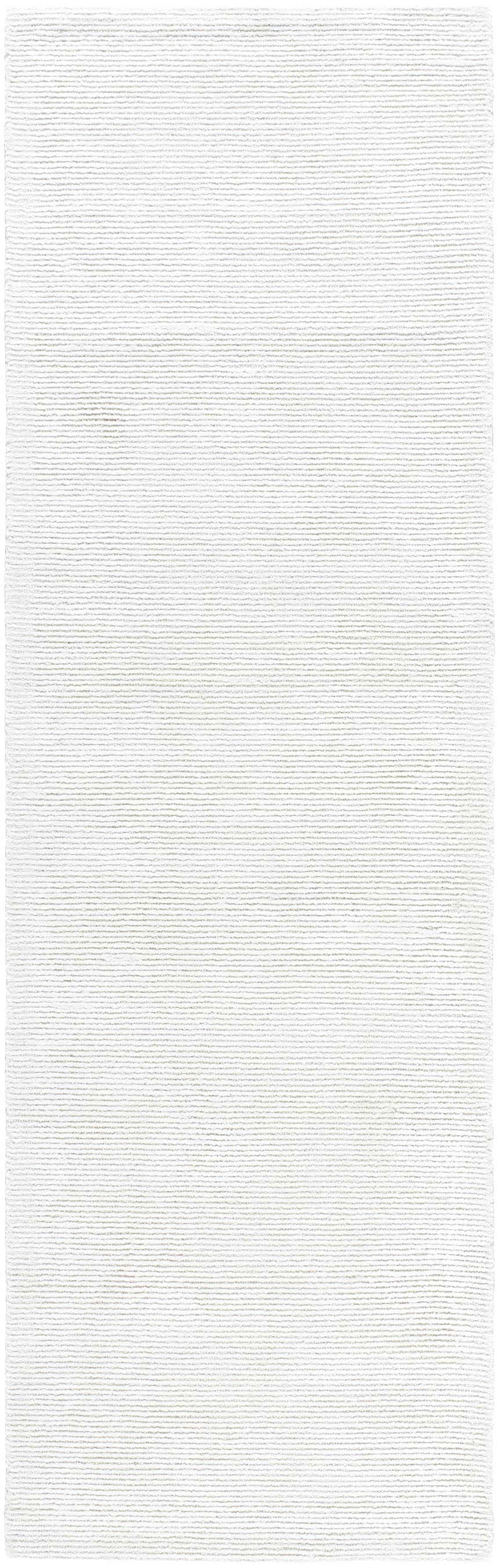 Close-up of the Nazih Area Rug. Light silver and off-white rug with a subtle horizontal pattern. Hand-tufted viscose texture. Design-Runner-310