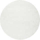 Close-up of a round Nazih Area Rug in light silver and off-white, featuring a subtle horizontal stripe texture. Design-Round-8