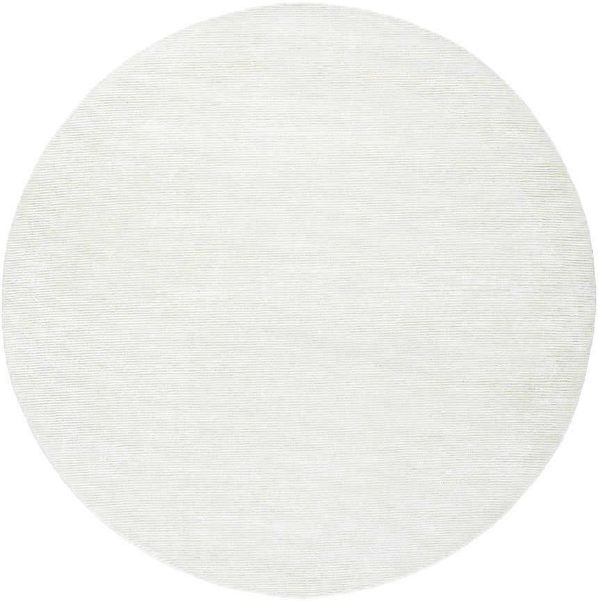 Close-up of a round Nazih Area Rug in light silver and off-white, featuring a subtle horizontal stripe texture. Design-Round-8