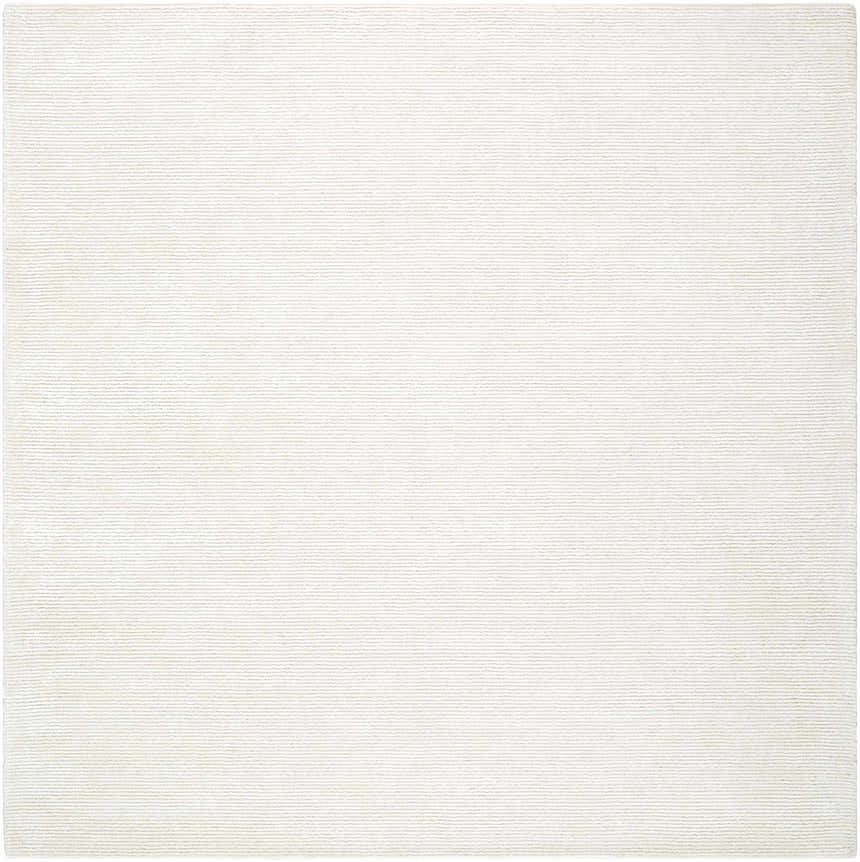 Close-up of the light silver Nazih Area Rug. The rug has a subtle horizontal pattern and soft texture. Design-Square-8